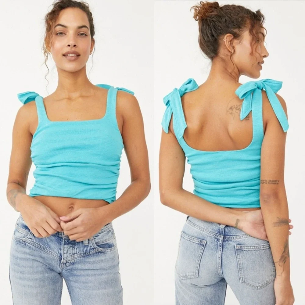 Free People‎ Crop Top Womens Small Mint Green Tie Shoulder Ruched Ribbed Boho
